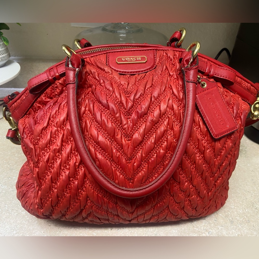 COACH MADISON QUILTED RED NYLON & LEATHER SHOULDER BAG PURSE 70TH ANNIVERSARY LG